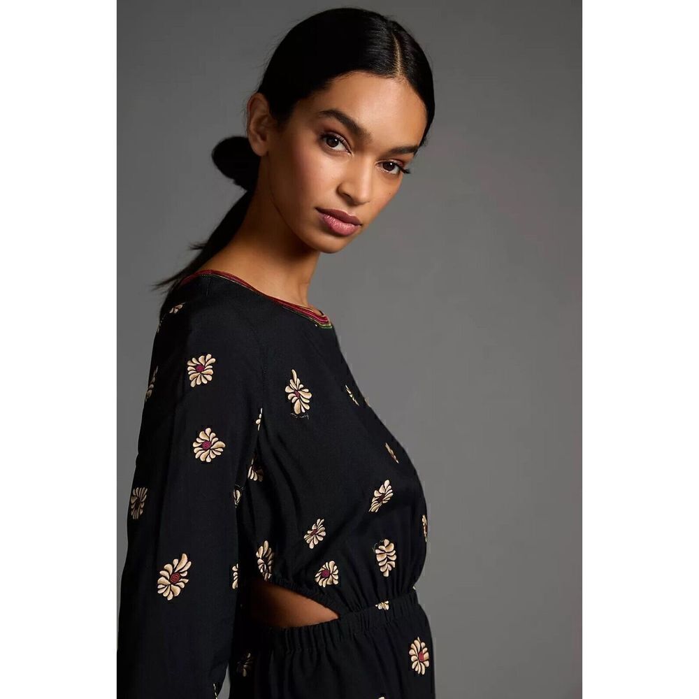 ANTHROPOLOGIE Farm Rio Long-Sleeve Cutout Jumpsuit Black Floral XS NEW - Picture 2 of 4